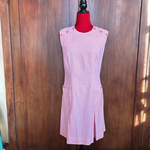 60s 70s Seersucker Candystripe Shift Dress M - Picture 3 of 9